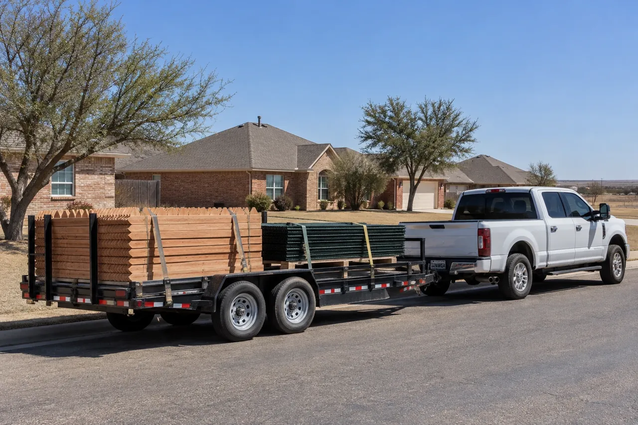 Work truck loaded with cedar pickets and steel fence posts on a Lubbock street