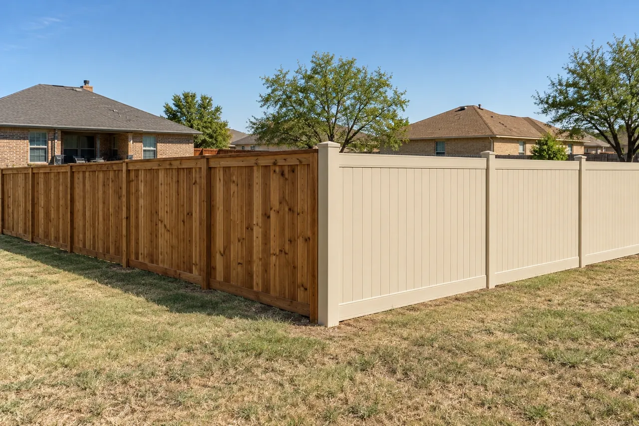 Cedar privacy fence and tan vinyl privacy fence side by side in Lubbock backyards
