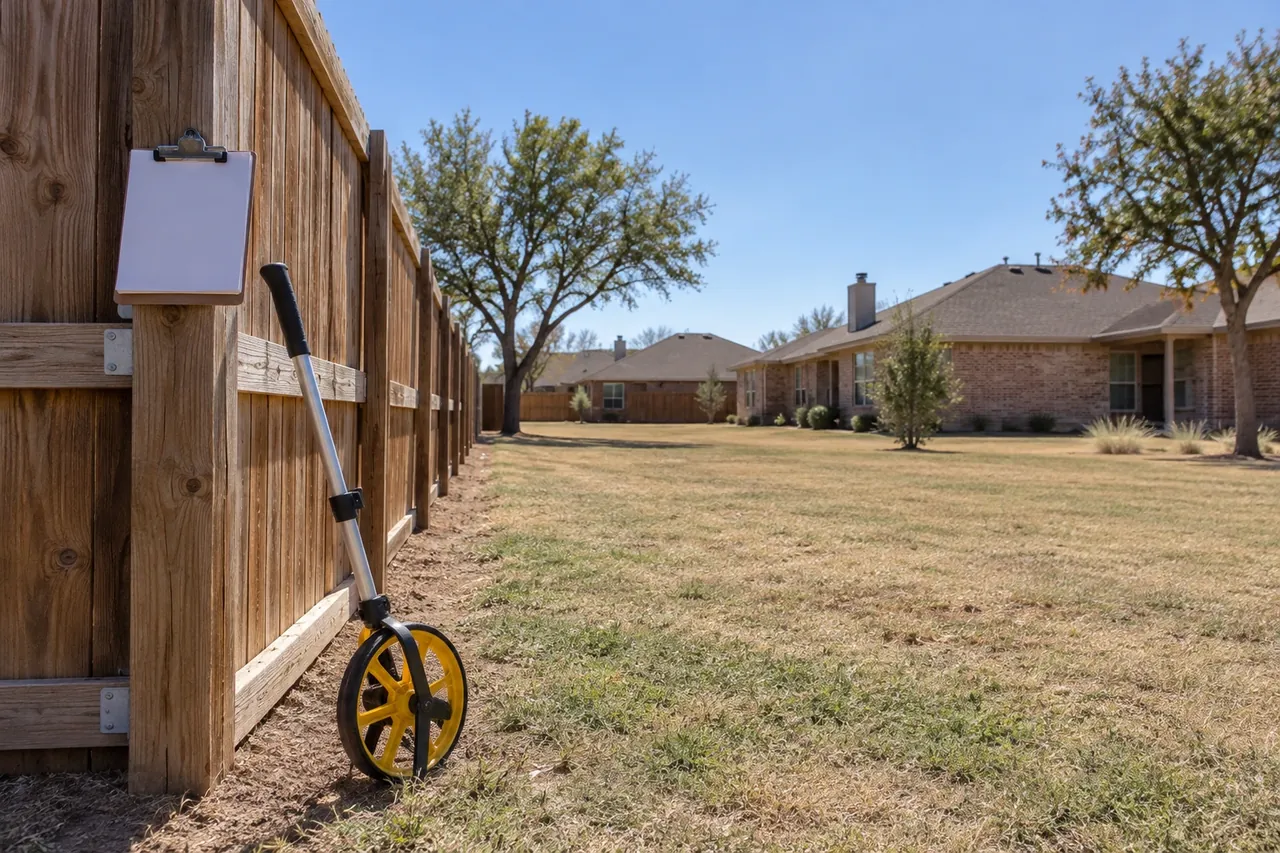 Measuring wheel rolling along a cedar fence line in a Lubbock backyard