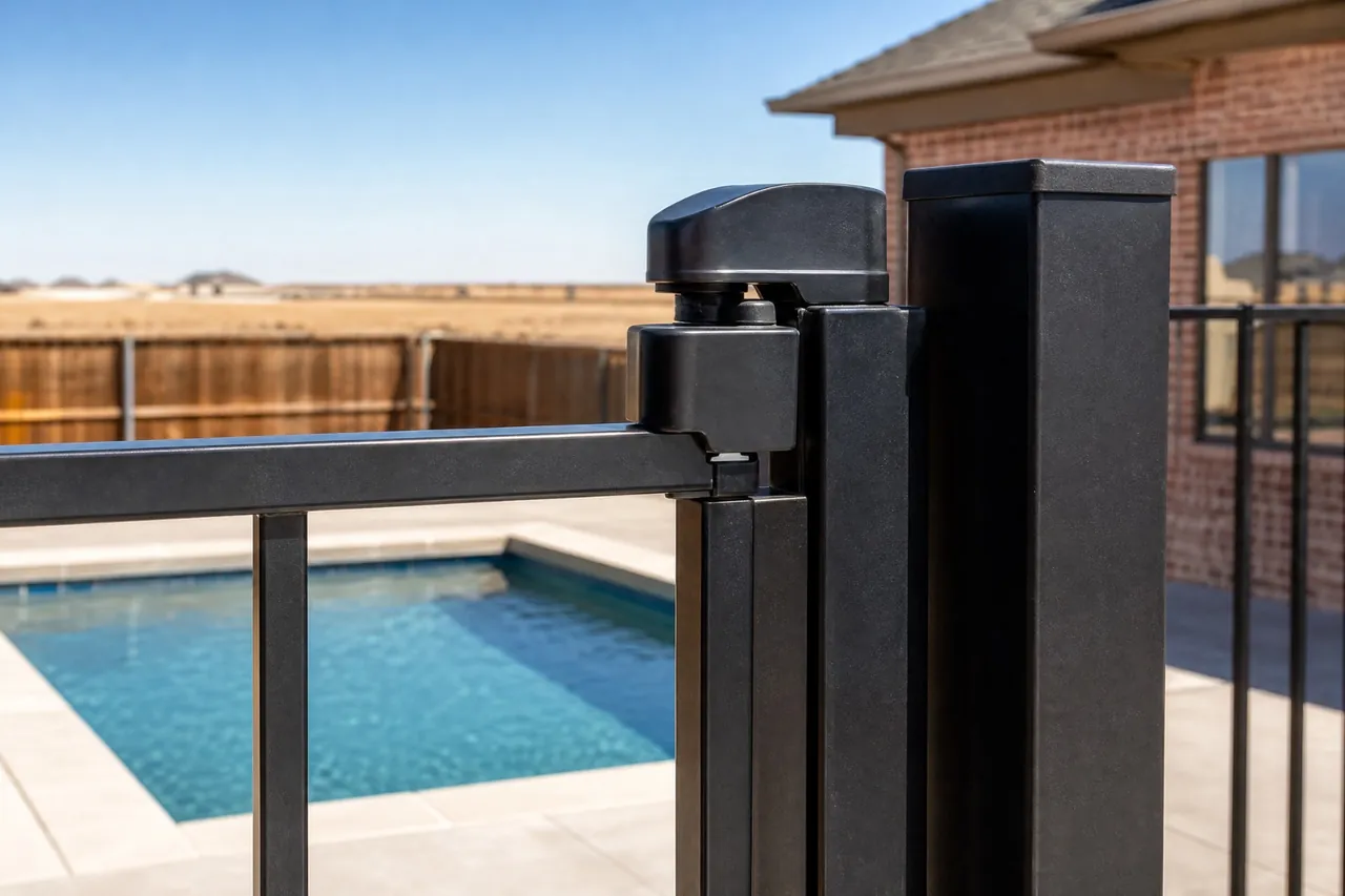 Self-latching hardware on an ornamental steel pool gate