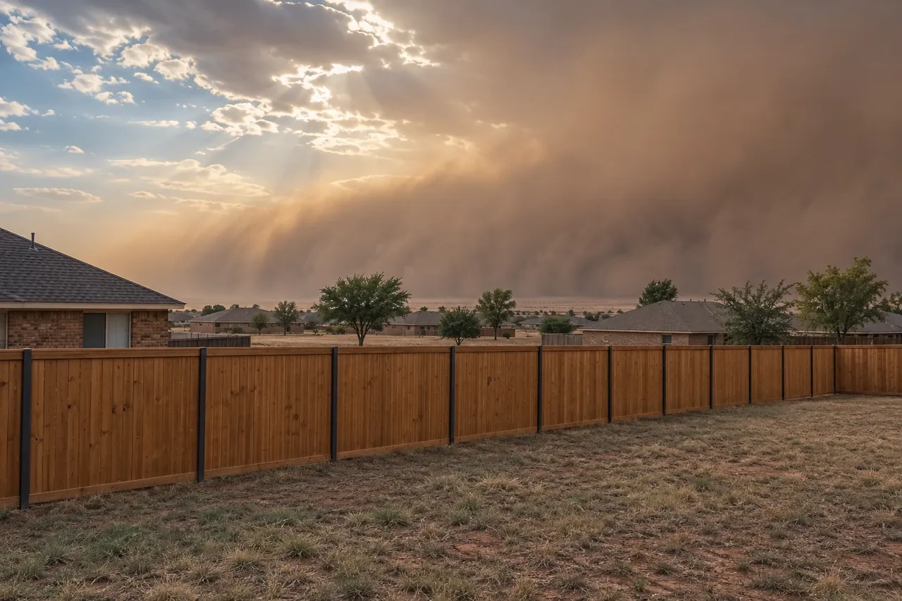 Cedar privacy fence on steel posts standing straight under a dusty West Texas sky