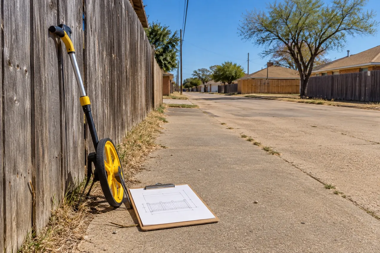 Estimator measuring a fence line along a Lubbock alley with a measuring wheel