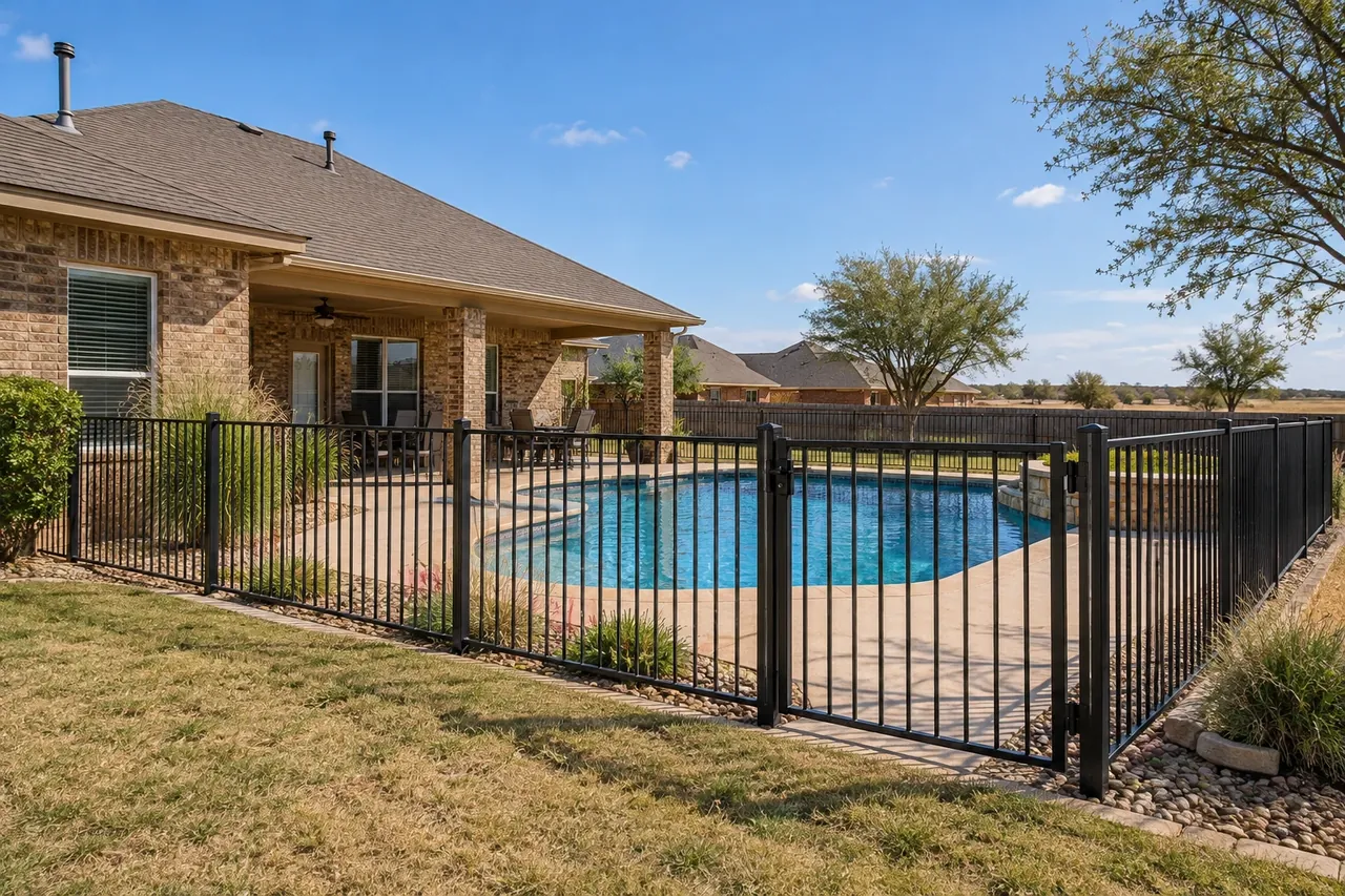 Black ornamental steel pool fence with a self-closing gate behind a Lubbock home