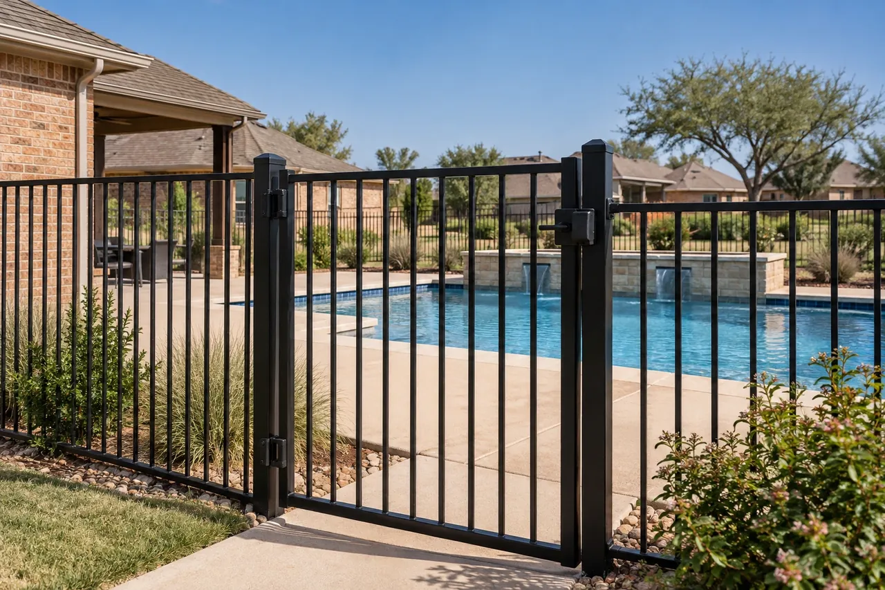 Self-closing ornamental steel pool gate beside a backyard pool in Lubbock