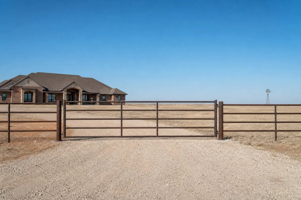 Painted pipe entrance gate at the drive of a rural home near Lubbock