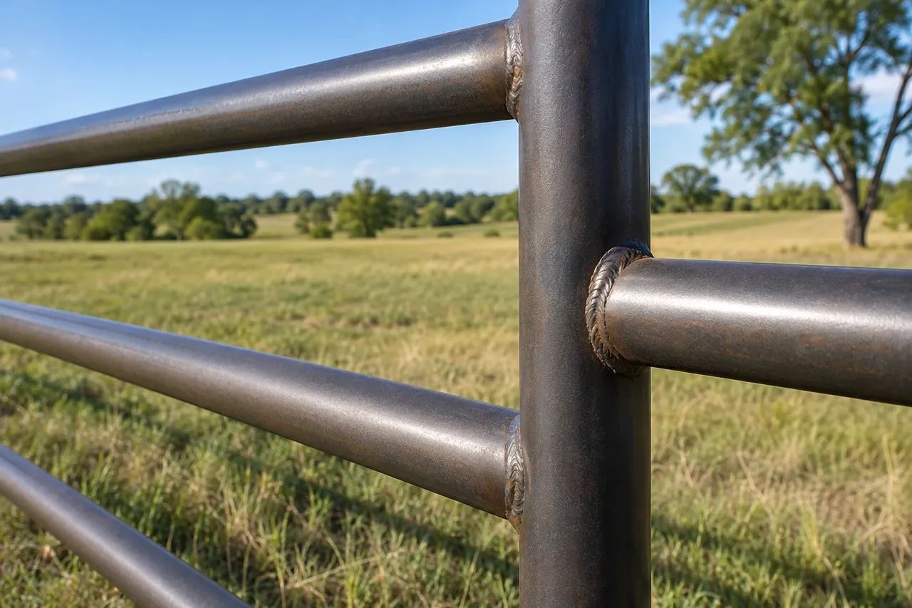 Welded steel pipe fence with three rails along a West Texas pasture