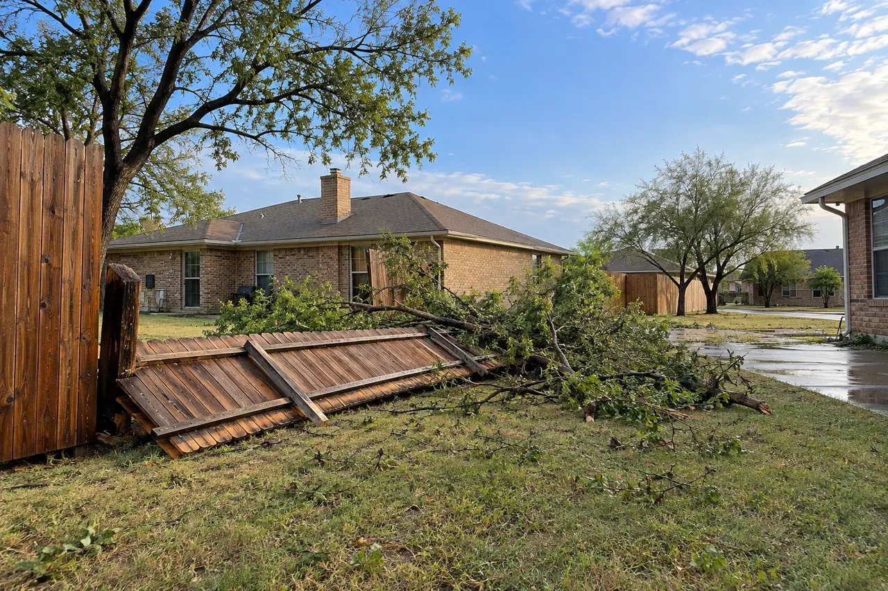 Downed cedar fence section after a spring windstorm in Lubbock