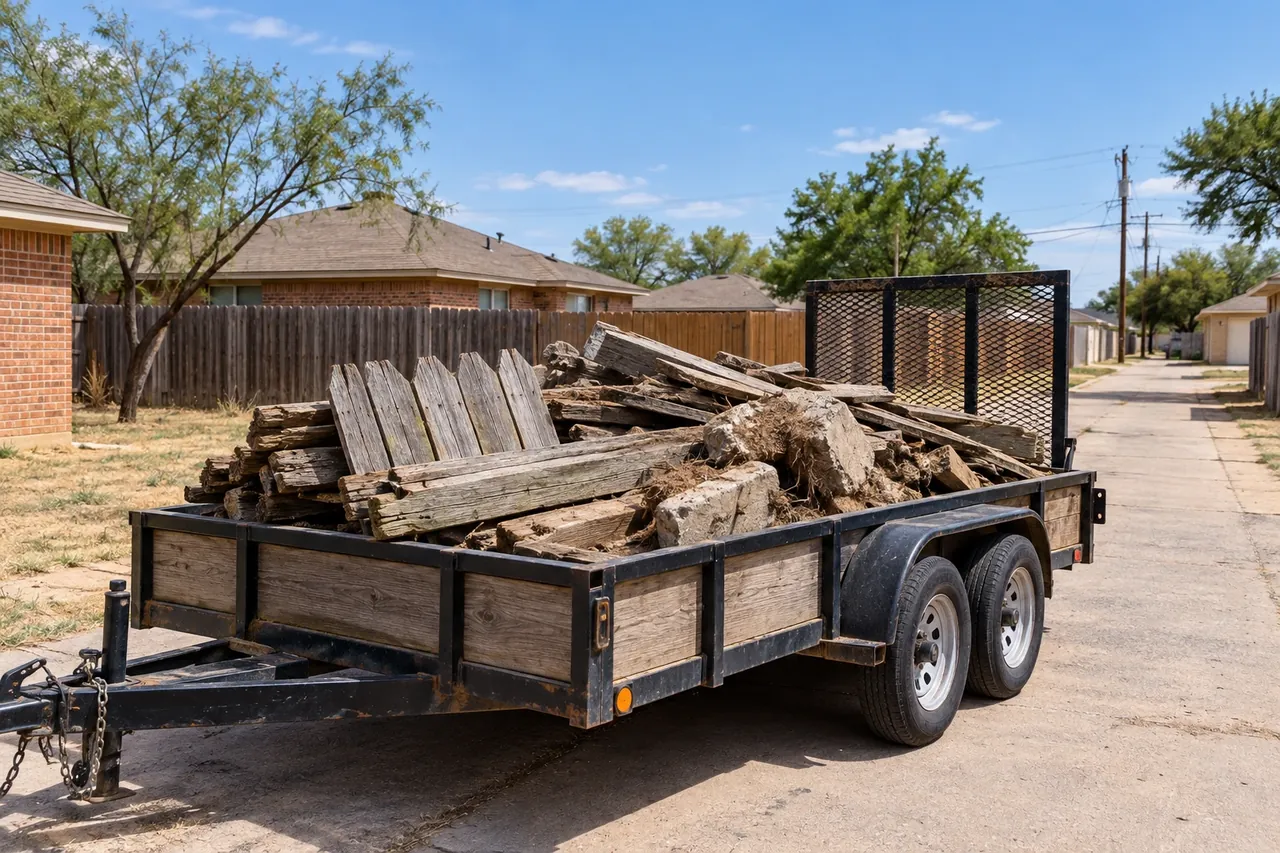 Trailer loaded with old fence pickets and posts for haul-away in Lubbock