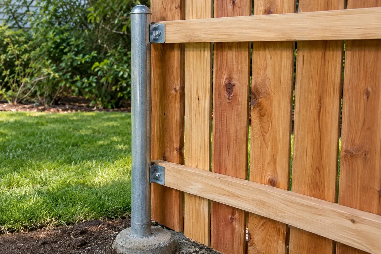 Cedar pickets fastened to a galvanized steel post and rails